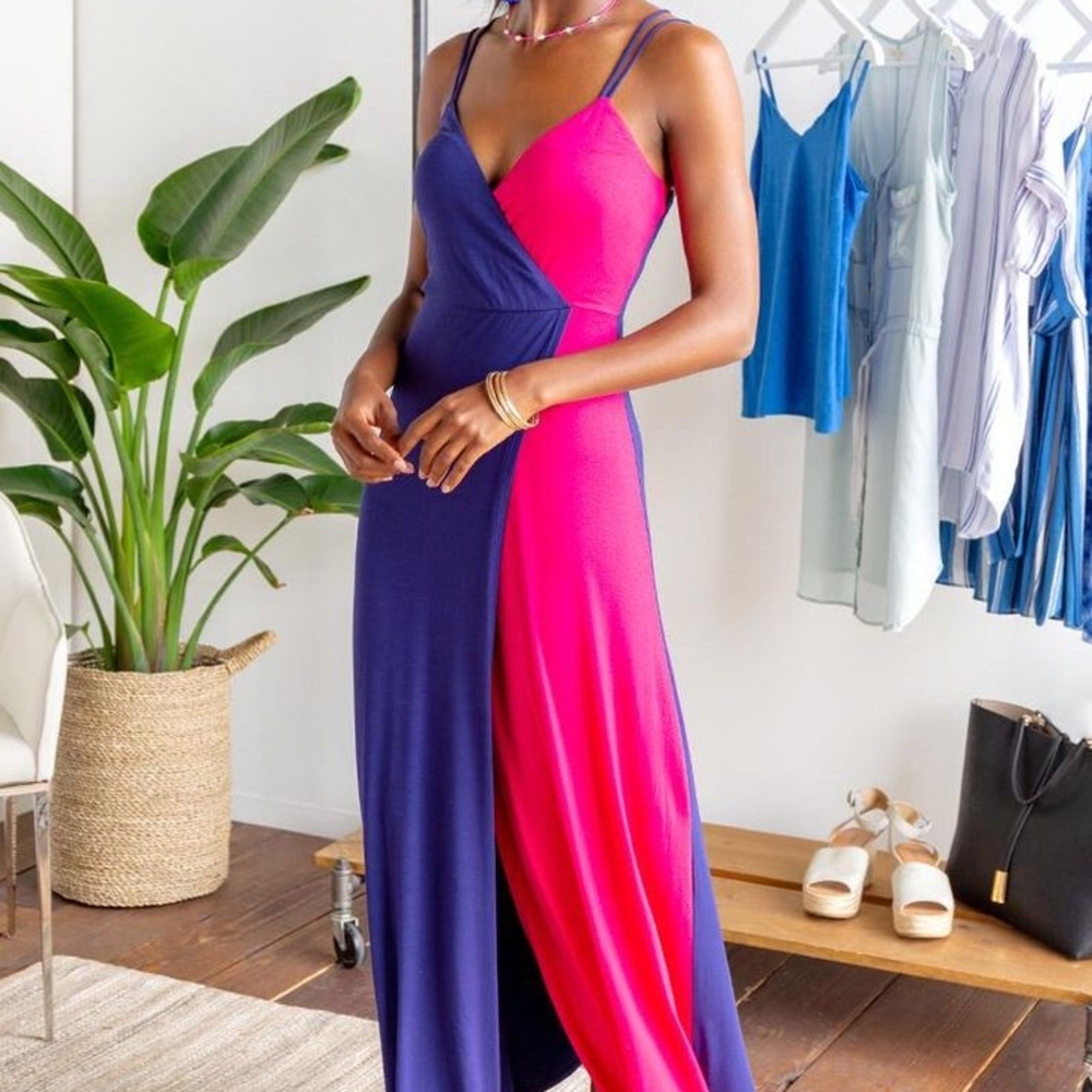 NWT Francesca's Alya Pink and Blue Color-Block Maxi Dress